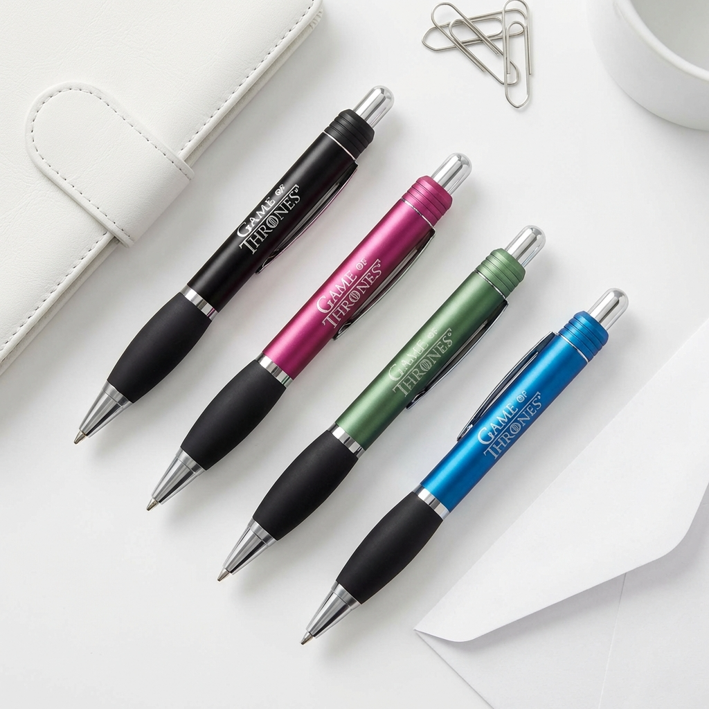 Four PensXpress "The Derby" blue ink pens in black, purple, green, and blue are arranged diagonally on a white desk with a notebook, paperclips, cup, and envelope¡ªperfect for fans or as promotional brand pens.