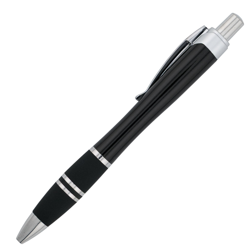 The Xpress Exodus by PensXpress is a black retractable pen with silver accents, a clip, and two silver rings near the grip¡ªideal as custom or promotional pens¡ªshown on a white background.