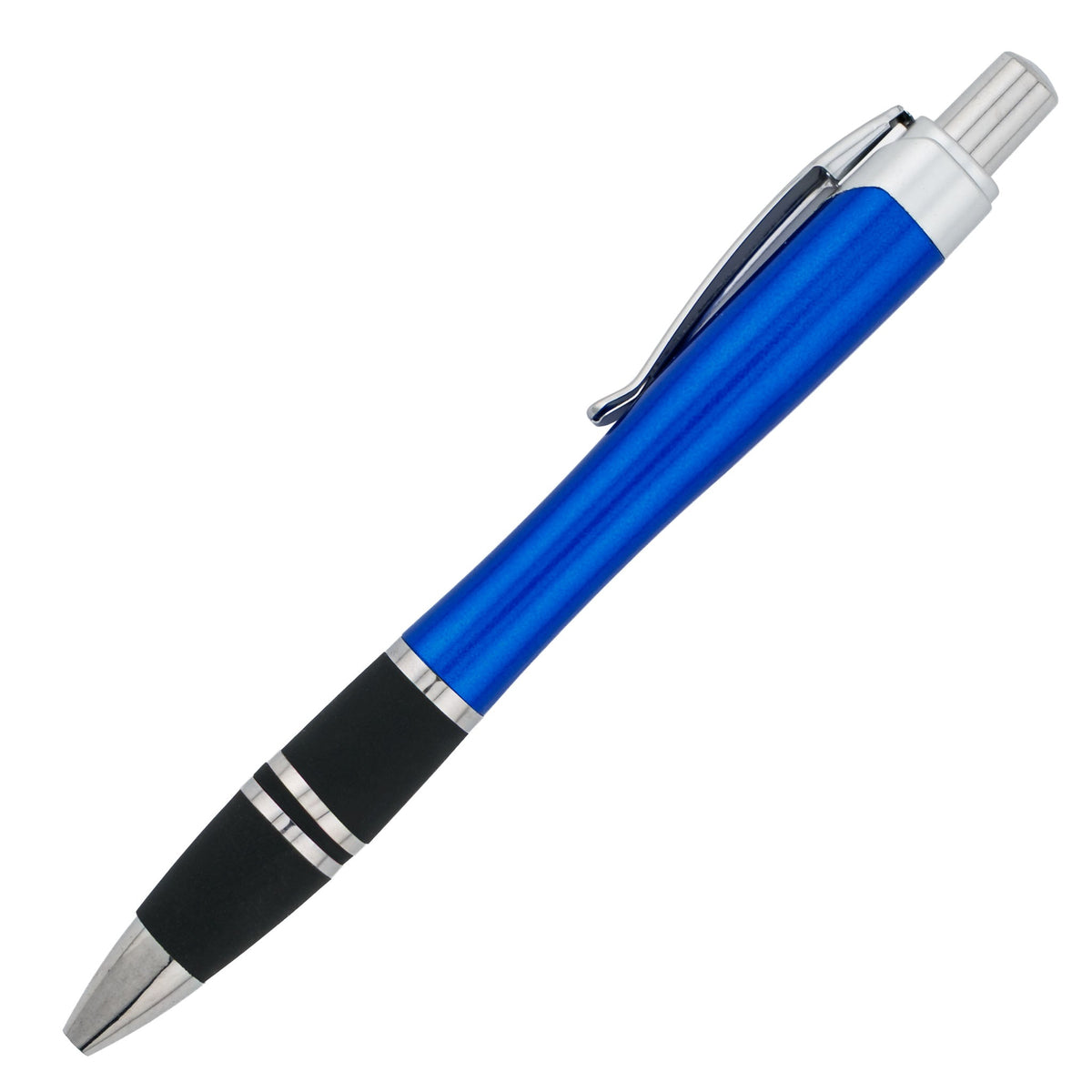 The Xpress Exodus by PensXpress is a blue and silver retractable pen with a black rubber grip and silver accents, ideal as a custom or promotional pen, shown against a white background.