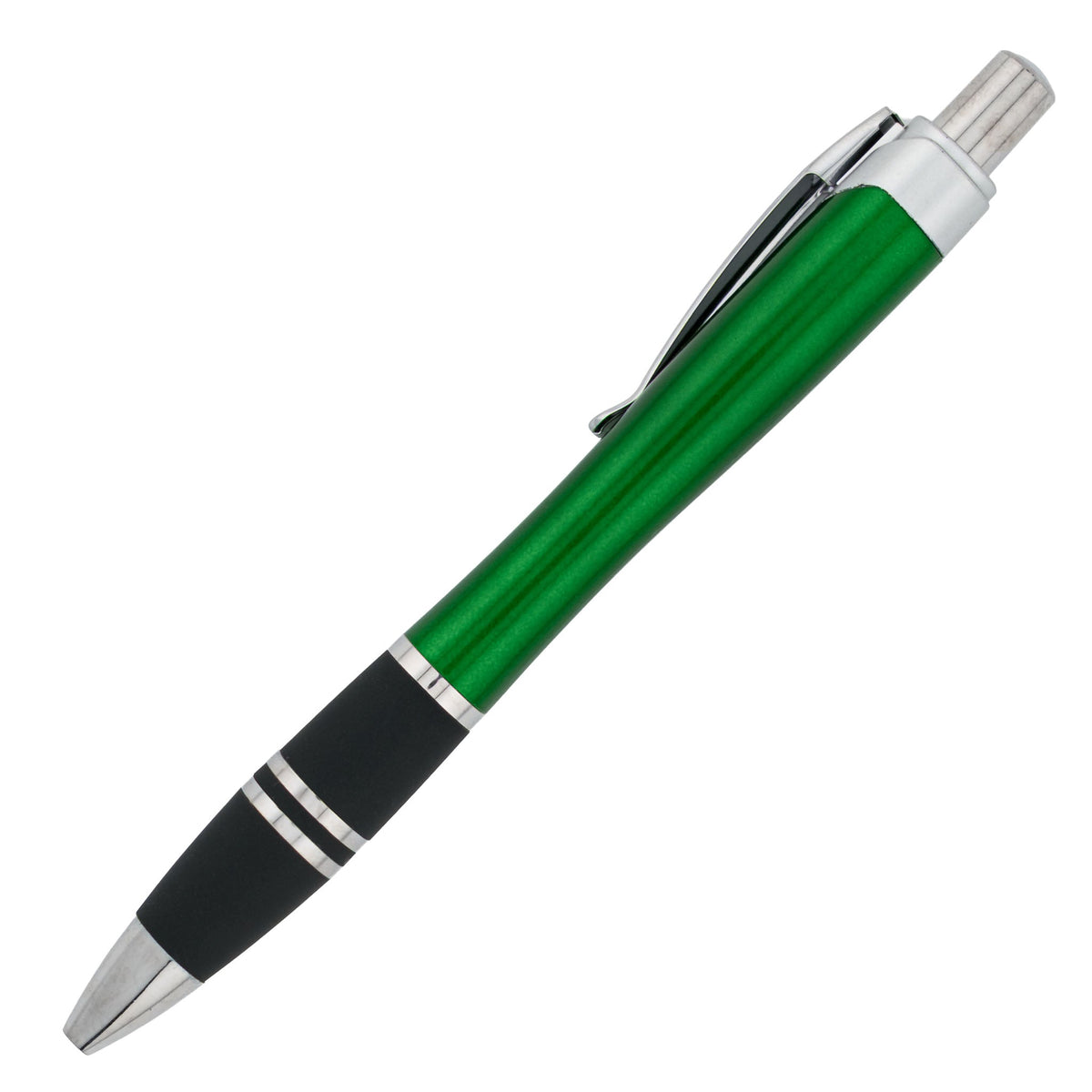 The PensXpress Xpress Exodus pen, featuring a green retractable design with silver accents, black rubber grip, and metal clip, is shown on a white background.