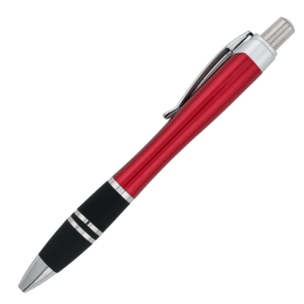 The PensXpress Xpress Exodus is a red and silver retractable pen with a black rubber grip and metal clip, shown on a white background¡ªideal for custom or promotional pens.