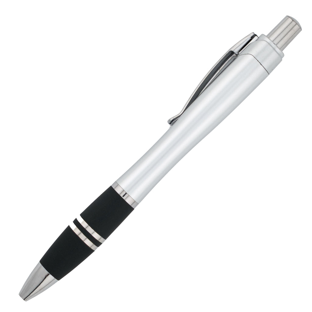 The PensXpress Xpress Exodus is a silver and black retractable pen with a clip and two metallic rings near the grip, ideal for custom or promotional use, shown on a white background.