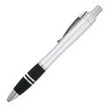 The PensXpress Xpress Exodus is a silver and black retractable pen with a clip and two metallic rings near the grip, ideal for custom or promotional use, shown on a white background.