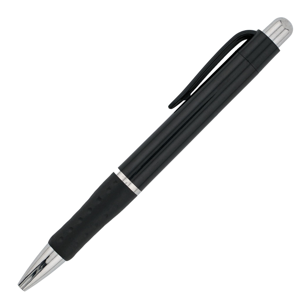 The PensXpress Xpress Odyssey is a black ballpoint pen with a silver tip and end, a black clip, and textured grip¡ªperfect for conference organizers wanting sleek branded pens. The pen appears diagonally on a white background.