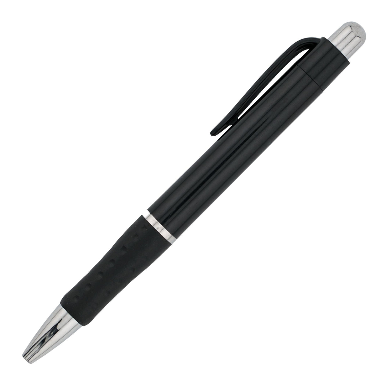 The PensXpress Xpress Odyssey is a black ballpoint pen with a silver tip and end, a black clip, and textured grip¡ªperfect for conference organizers wanting sleek branded pens. The pen appears diagonally on a white background.