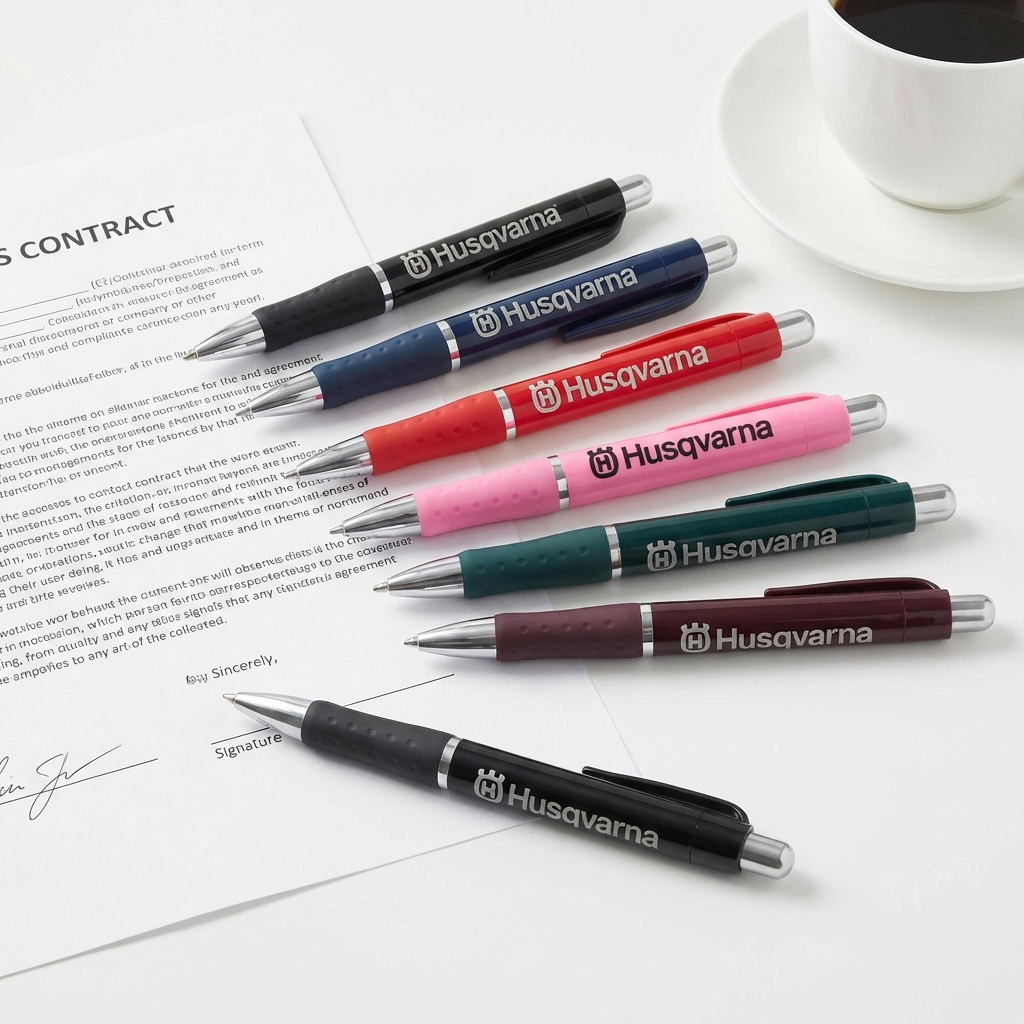 Seven Xpress Odyssey pens by PensXpress in black, blue, red, pink, light pink, green, and maroon are arranged on a white surface with a contract and coffee¡ªideal for conference organizers seeking stylish branded pens.