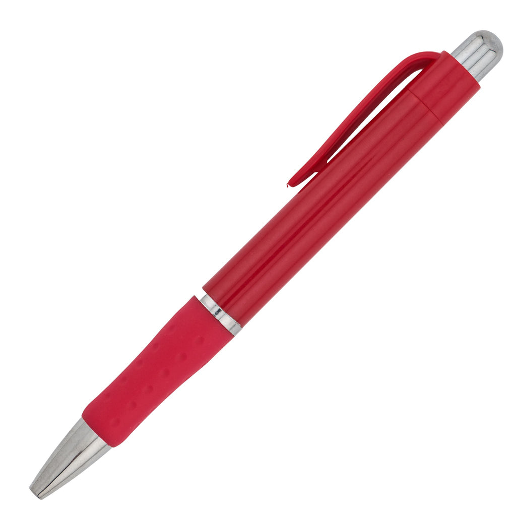 The Xpress Odyssey by PensXpress features a red body, silver tip and end, red clip, and textured grip¡ªideal for conference organizers wanting stylish custom imprint pens. Shown on a white background.