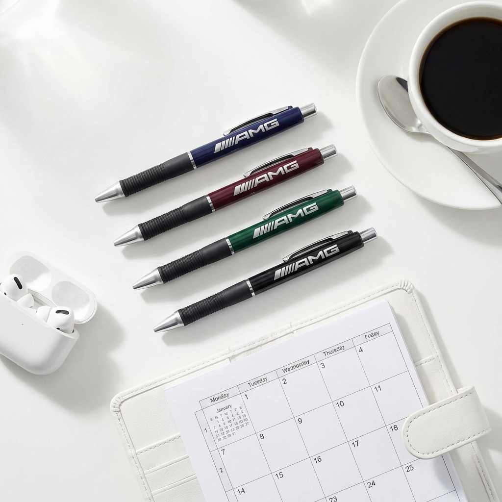 Four PensXpress Xpress Zeiss customizable pens are arranged diagonally on a white surface beside a coffee cup, an open planner showing a monthly calendar, and wireless earbuds in an open case.
