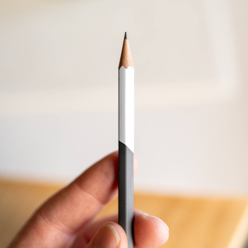 Hand holding a sharpened Blackwing Neolucida pencil with a black and white body