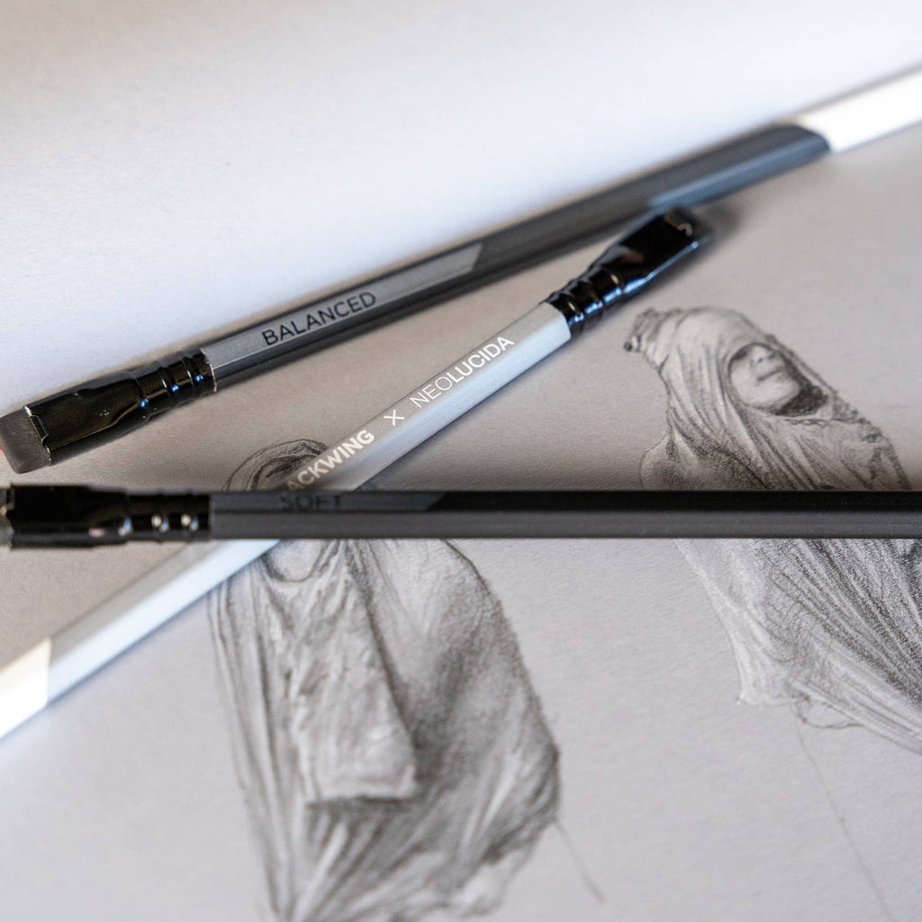 Blackwing Neolucida pencils by BIG IDEA DESIGN LLC shown on sketch paper with detailed pencil drawings