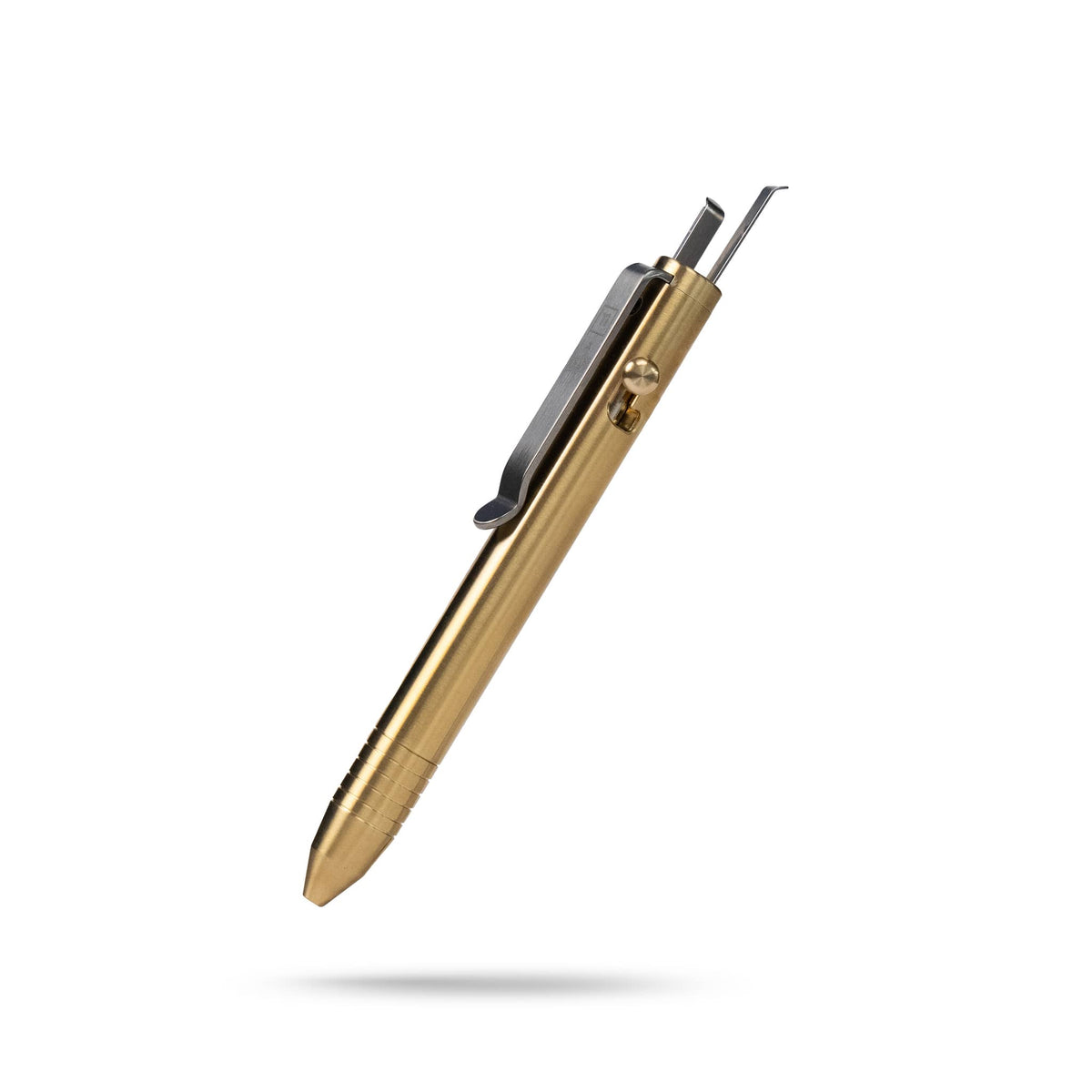 Knafs multi tool pen in brass with a sleek design and visible clip for easy carrying
