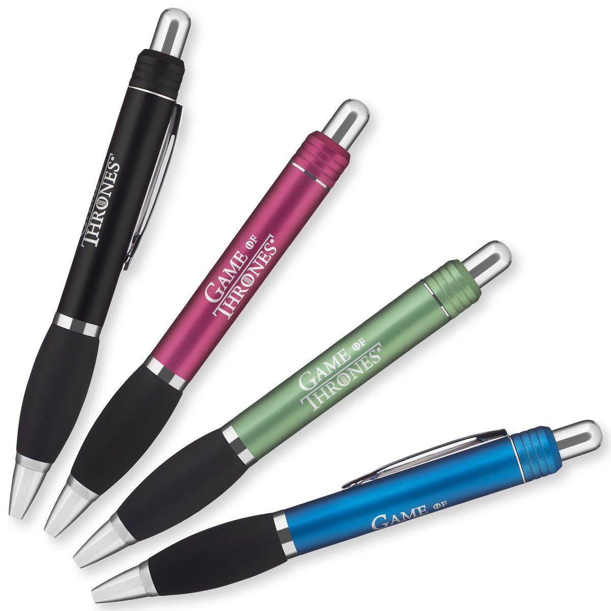 The Derby by PensXpress: set of four blue ink ballpoint pens in black, pink, green, and blue, each with silver clip and accents. "Game of Thrones" is printed in white on the barrel¡ªperfect for brand promotion.
