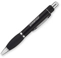 The Derby by PensXpress is a black ergonomic pen with silver accents and a clip, featuring "THRONES" printed in white on the barrel¡ªperfect for brand promotion.