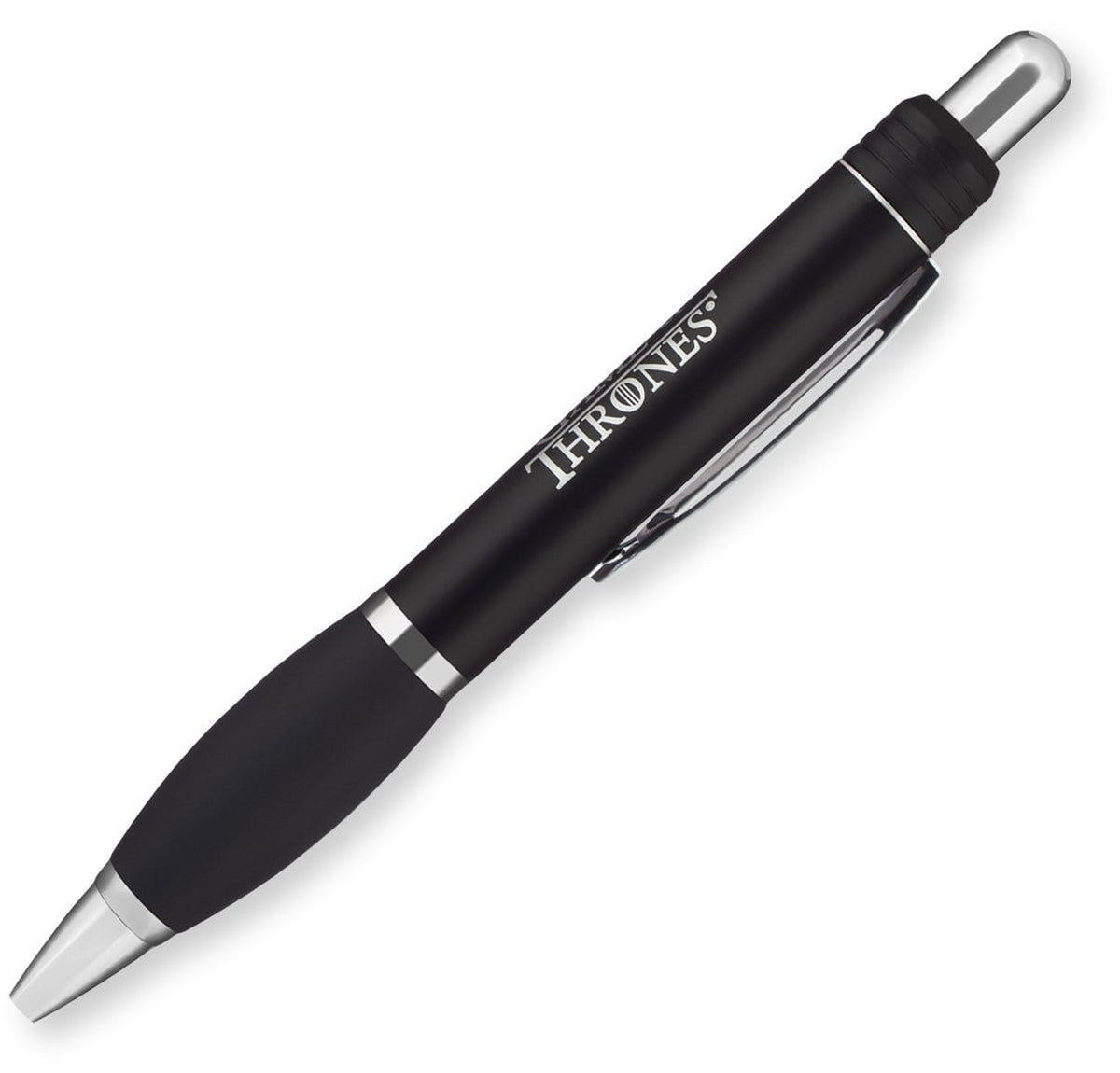 The Derby by PensXpress is a black ergonomic pen with silver accents and a clip, featuring "THRONES" printed in white on the barrel¡ªperfect for brand promotion.