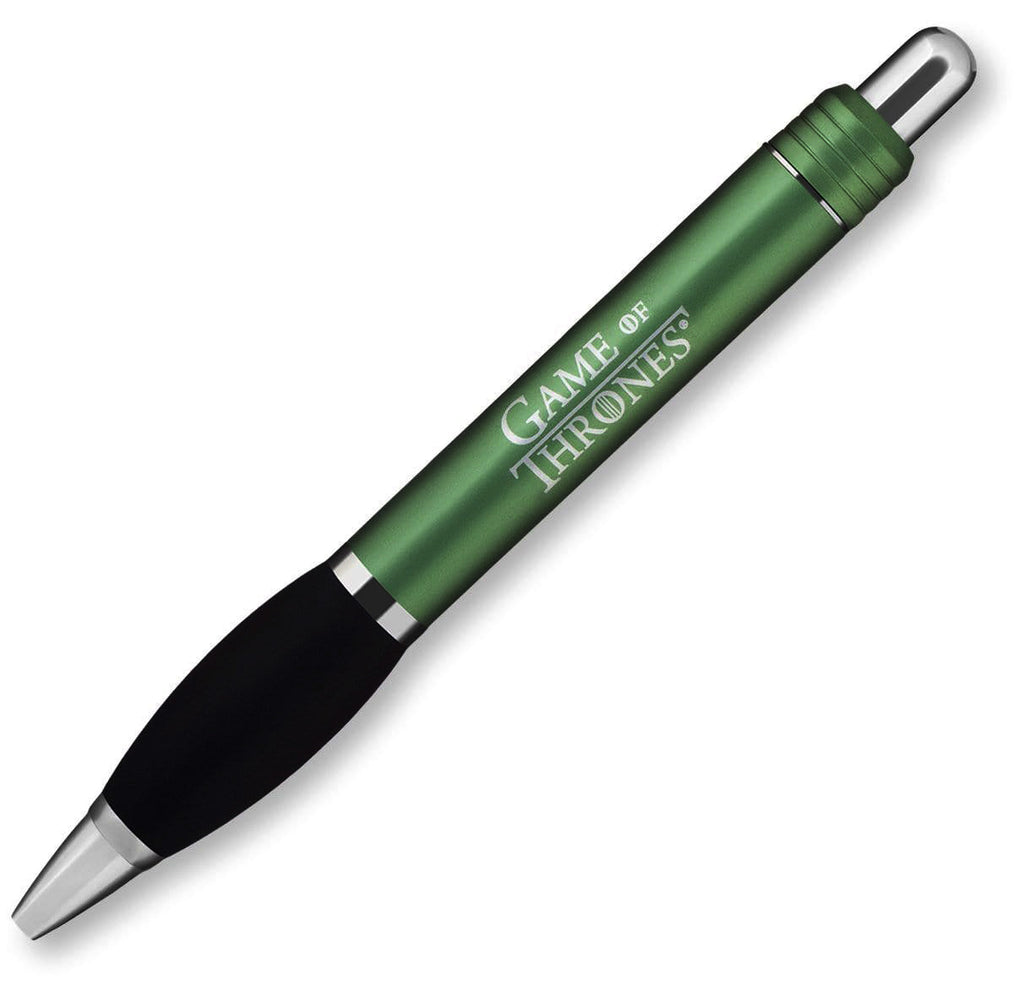 The Derby by PensXpress is a green and black ergonomic pen with silver accents, featuring the Game of Thrones logo in white on the barrel. Ideal for fans wanting custom blue ink pens that blend comfort and unique style.