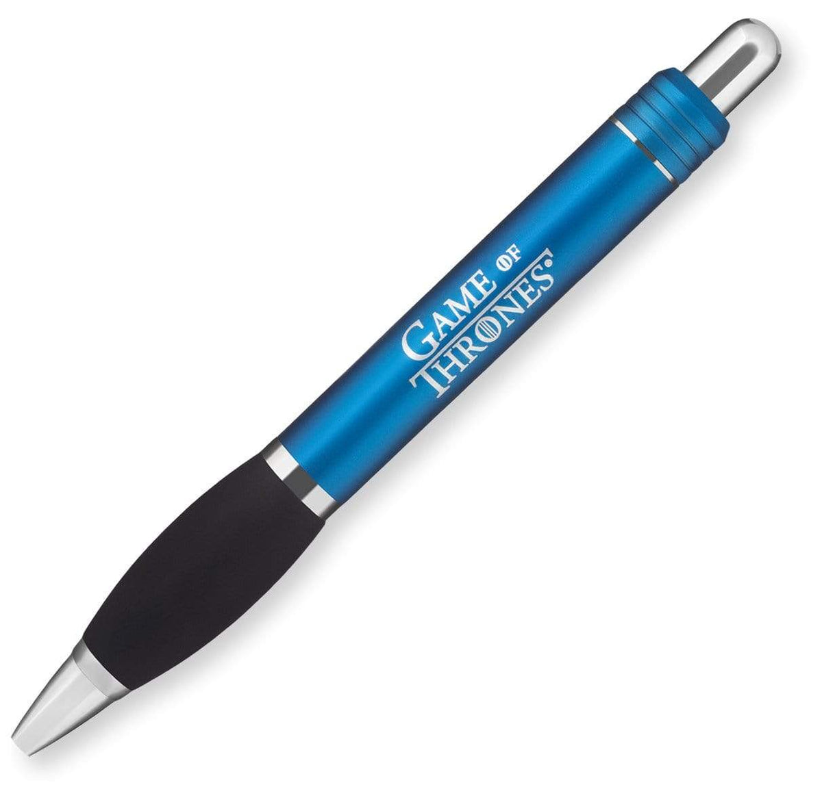 The Derby by PensXpress is a blue and black ergonomic pen with silver accents, featuring the Game of Thrones logo in white lettering¡ªperfect for fans and brand promotions.