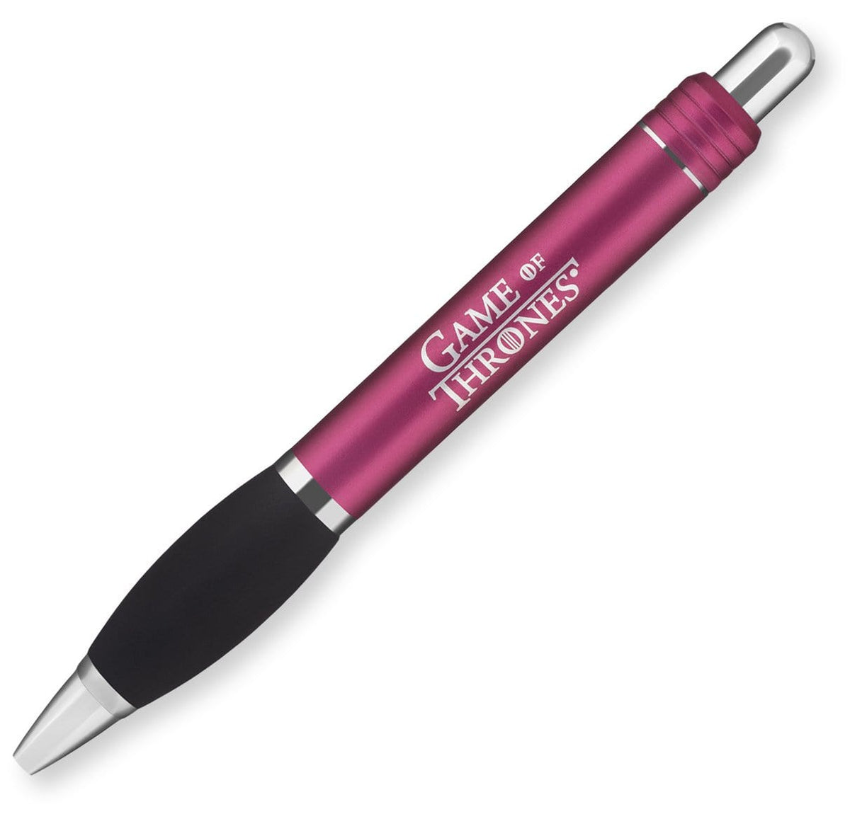 The Derby by PensXpress is a metallic pink ergonomic pen with silver accents and a black grip, featuring the Game of Thrones logo in white¡ªideal for brand promotions or fans wanting stylish comfort.