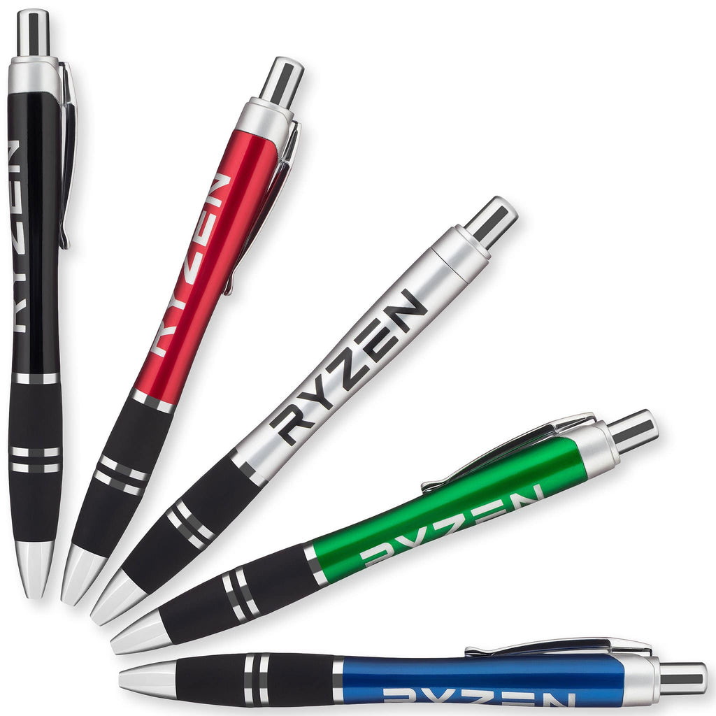Five Xpress Exodus retractable pens by PensXpress, with black grips and metallic bodies in red, silver, green, and blue, are fanned out on a white background. Each pen features "RYZEN" printed on the side.