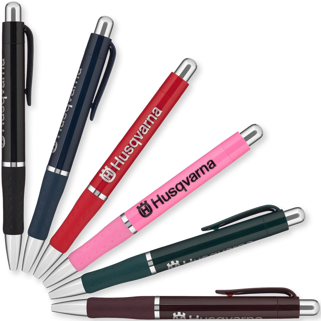 Six Xpress Odyssey retractable pens by PensXpress in black, navy blue, red, pink, green, and brown arranged in a fan shape. Each pen features a silver click top and is ideal for conference organizers seeking custom imprint pens.