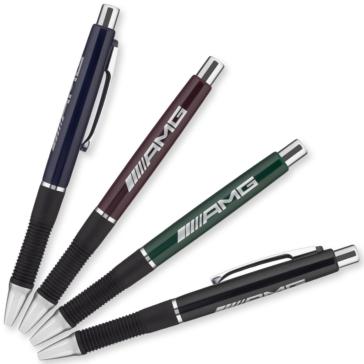 Four PensXpress Xpress Zeiss pens in navy blue, maroon, green, and black feature a silver clip and tip, black grip, and ¡°AMG¡± in white on the barrel. The customizable pens are arranged diagonally with slight overlap.